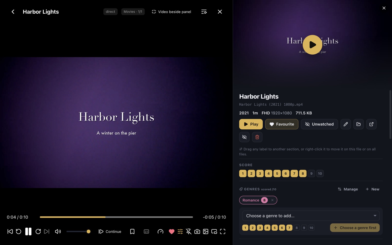The player with the organise panel open beside the video, showing score, genres, categories and tags